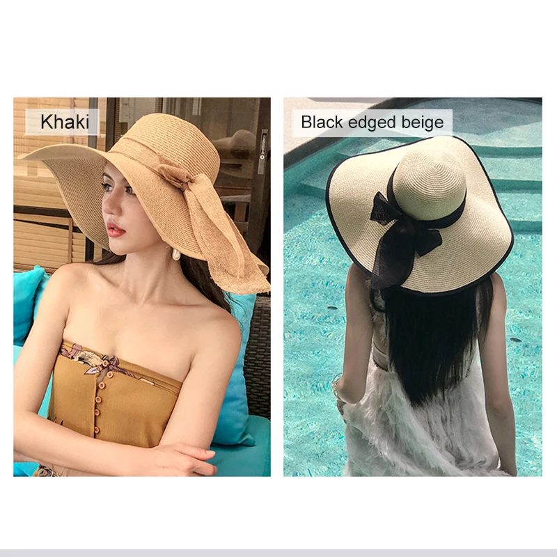 Summer Women Straw Hat Bowknot Wide Brim Floppy Panama Hats Female Lady Outdoor Foldable Beach Sun Cap