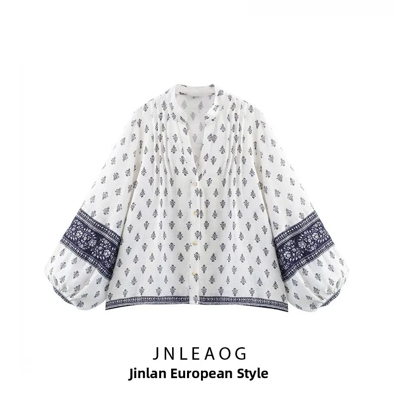 JNLEAOG Lente Nieuwe Dames Faion Blouse Bloemenprint Puffy Sve Casual Loose Fit Polyester V-Ne Button up irt