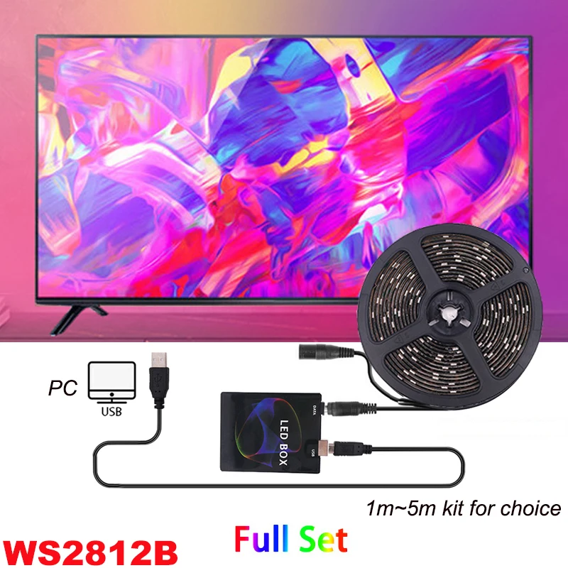 WS2812B lampu setrip LED USB 5050 RGB, Kit TV sinkronisasi musik warna impian untuk pencahayaan latar belakang layar Desktop PC 1M 2M 3M 4M 5M