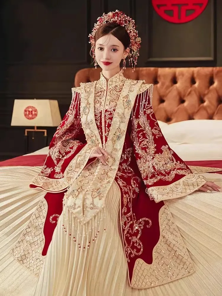 

Velvet wedding dress large-sized phoenix crown and Xia pei complete set of Chinese-style clothing