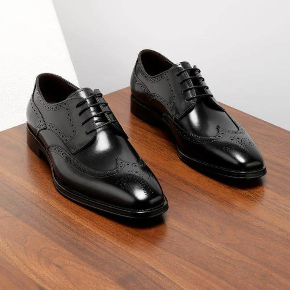 Genuine Leather Brogue Carved Mens Formal Dress Shoes Vintage British Pointed Toe Breathable Derby Shoes For Wedding Business