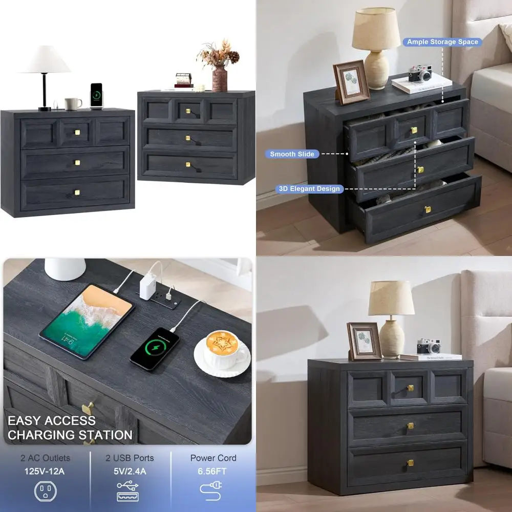 مجموعة منضدة محطة شحن مكونة من 2، طاولات ليلية حديثة 30.7 مع 3 أدراج، طاولات جانبية كبيرة للسرير بحجم كينج