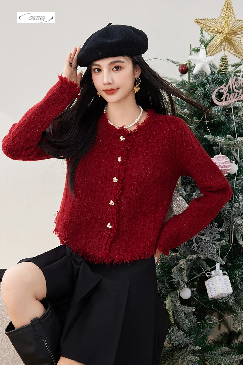 

New Year Tassels Single Breasted Long Sleeve Red Knitted Cardigan Coat Women Autumn Winter Vintage Elegant Slim Short Tops 3451