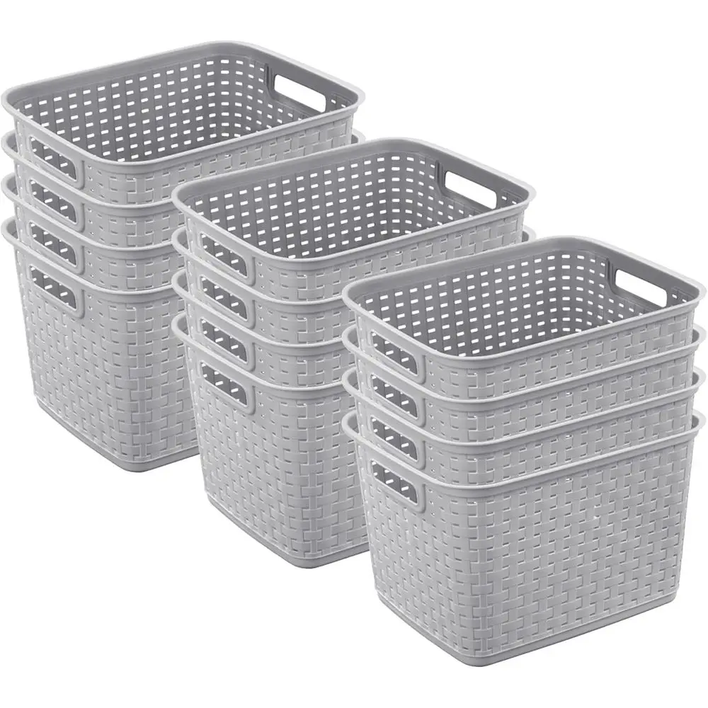 

Set of 12 Tall Wicker-Style Plastic Storage Bins, Cement Gray - Versatile Organizer for Home, Office, and Laundry