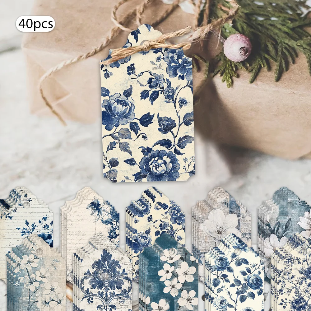 40pcs Vintage Blue Floral Decorative Tag,Aesthetic Gift Tags for Parties,Handmade Packaging and Card Accents,Jute Twine Included