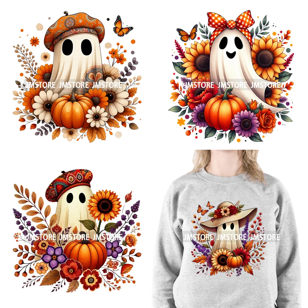 Cute Fall Florals Spooky Ghost Halloween Pumpkins foglie autunno Iron On DTF Transfers Stickers pronto da premere per t-shirt borse