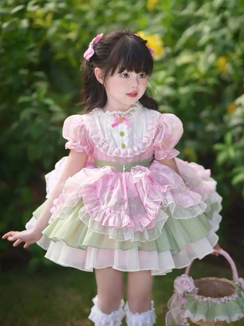 Baby Toddle Girls Autumn Summer Sweet Lolita Lace Floral Princess Ball Gown Cake Layed Dress Skirts Birthday Party Childrens