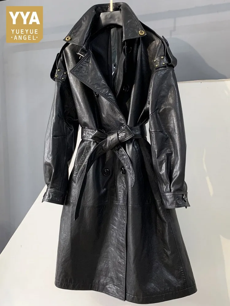 Concise Style Lapel Genuine Leather Belt Button Trench Jacket Solid Color Long Sleeves Cowhide Slim Ladies Fashion Outerwear