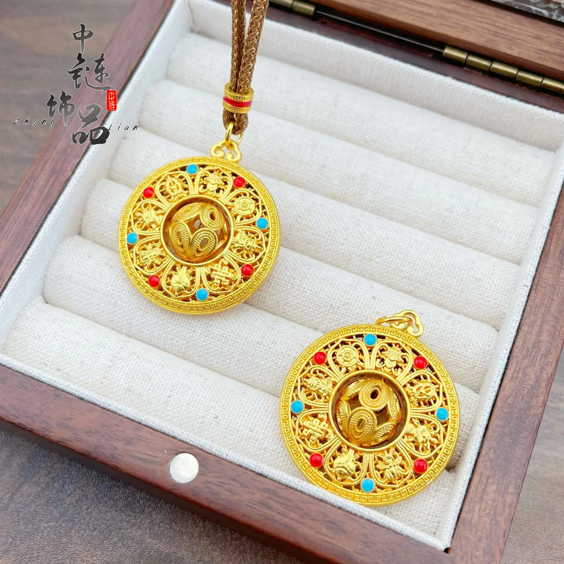 9999 gold rotatable Baogui Xinrui Compass Pendant, Porcelain Beaded Baogui Compass Pendant