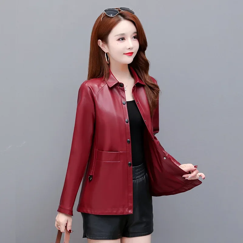 Leather Jacket Women 2023 Spring Autumn Single-breasted Slim Coats Female Elegant Leather Jackets Lapel Chamarras Para Mujeres