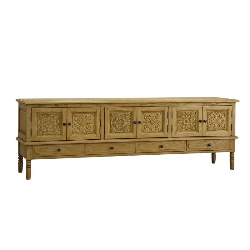 Retro Pastoral Solid Wood Carved Media Control Console, Oak Homestay Living Room Long Floor Cabinet for Nordic Style Storage