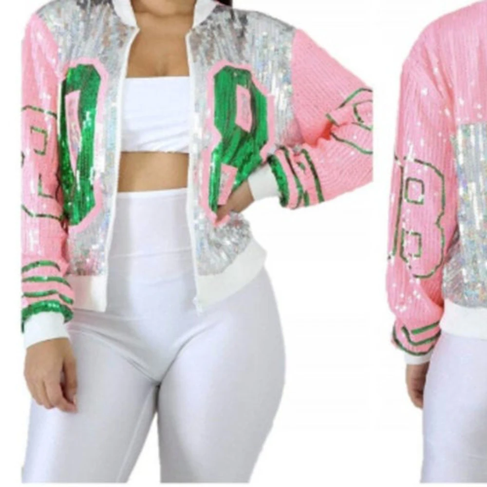 Long O-neck pink green 08 social event sequin flash club jacket