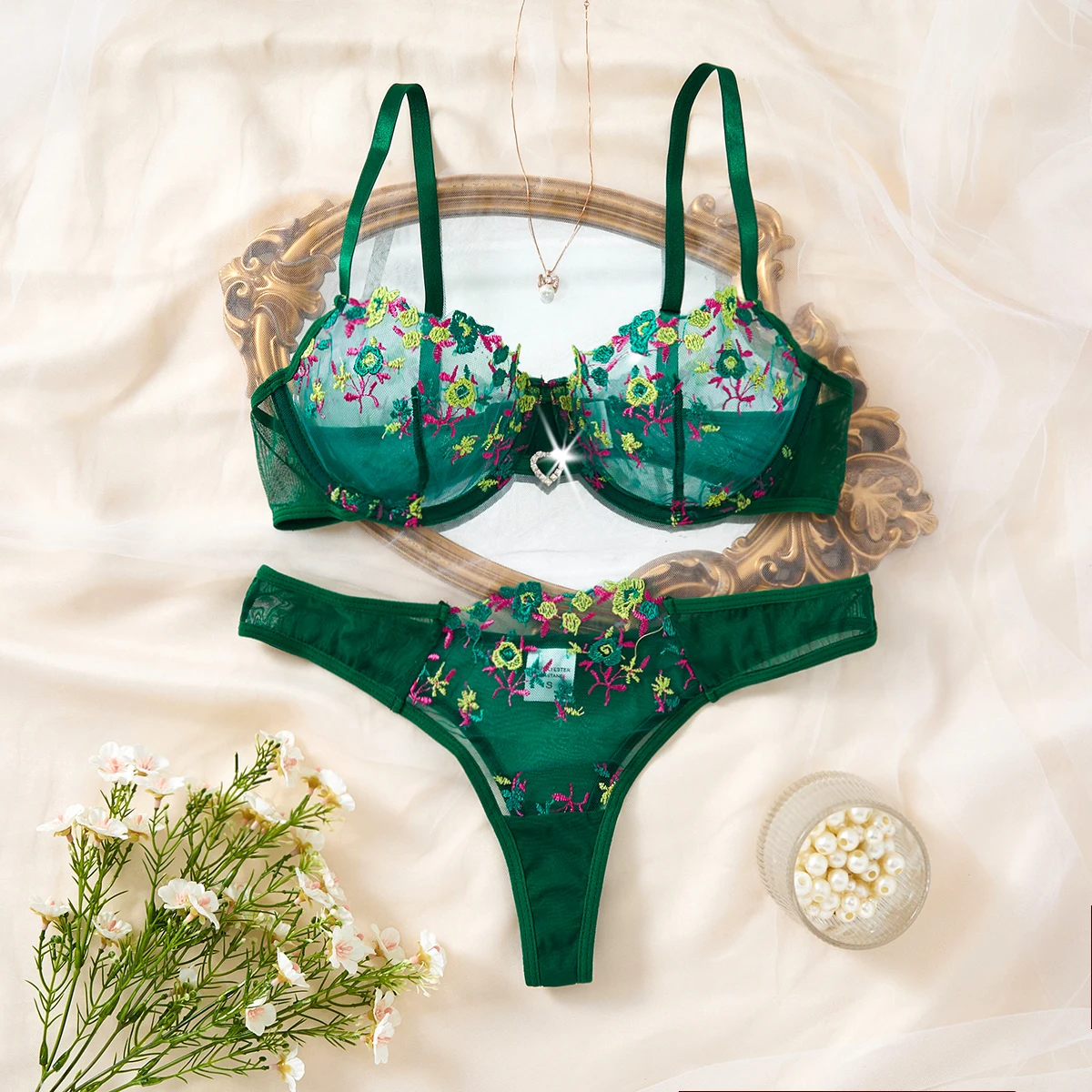 Grün besticktes Blumen-Dessous-Set – Sexy BH und G-String-Kombination mit Herz-Dekoration, Unterwäsche-Set für DamenZA824026