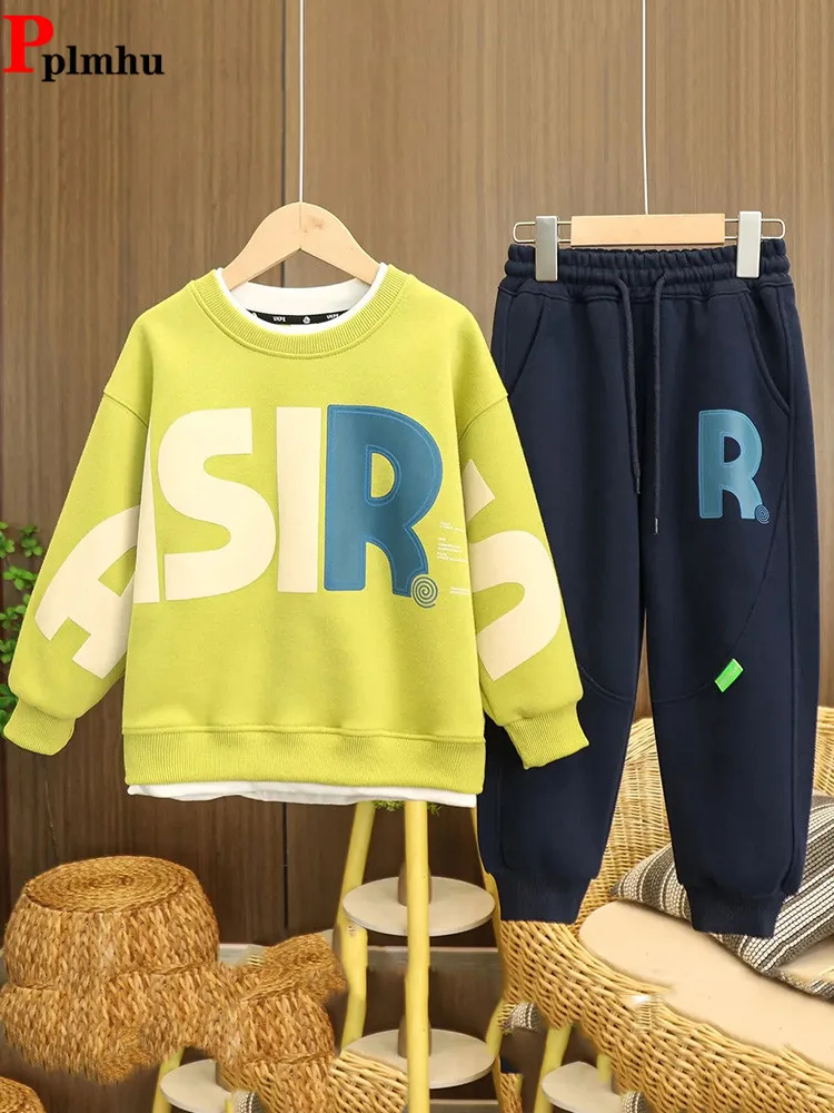 

Spring Fall Boys 2 Piece Sets Kids O Neck Print Sweatshirts Tops + Loose Casual Lace Up Jogger Pants Children Tracksuit Set