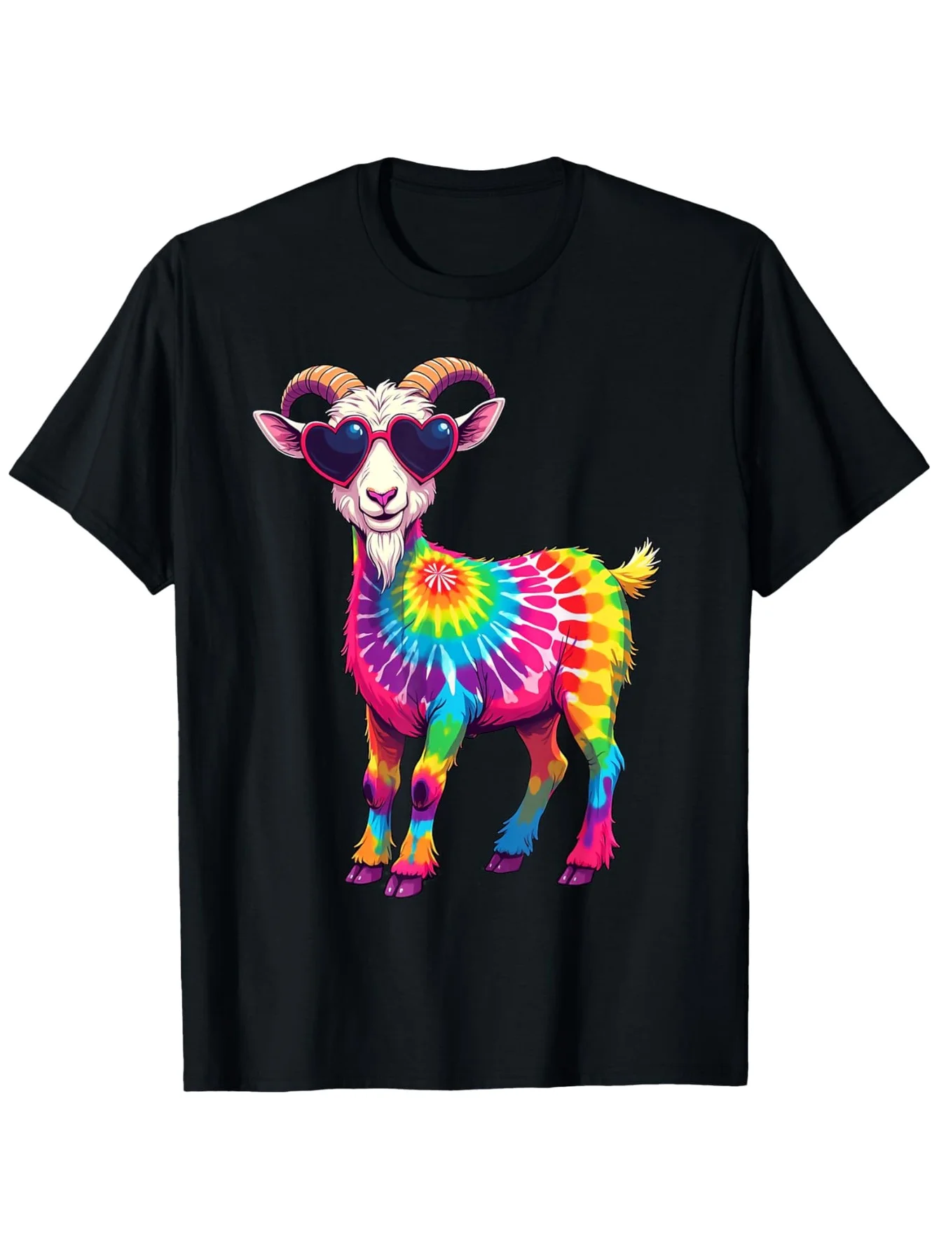 Trendy Men's Black Graphic T-Shirt Rainbow Goat Heart Sunglasses Tie Dye Swirl Horn Animal Colorful Illustration Print 100% Cotton Heavyweight Short Sleeve Casual Streetwear Tee