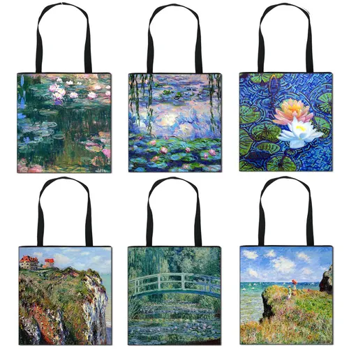 Imagen 1 del producto Bolso de mano con estampado de lirio de agua/lótus con pintura Vintage, bolso Monet para mujer, bolso de hombro de viaje de lona para mujer, bolsas de compras portátiles