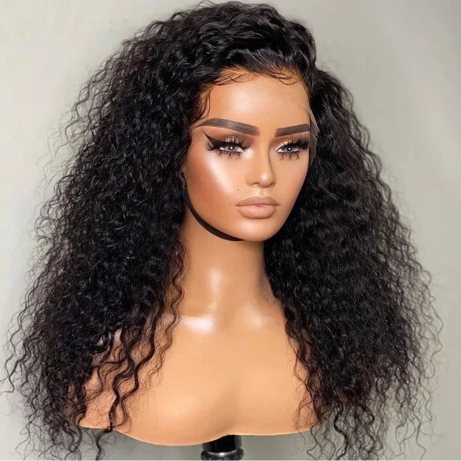 

Soft 26Inch Long 180Density Natural Black Kinky Curly Deep Lace Front Wigs For Women With Baby Hair Glueless Preplucked Daily