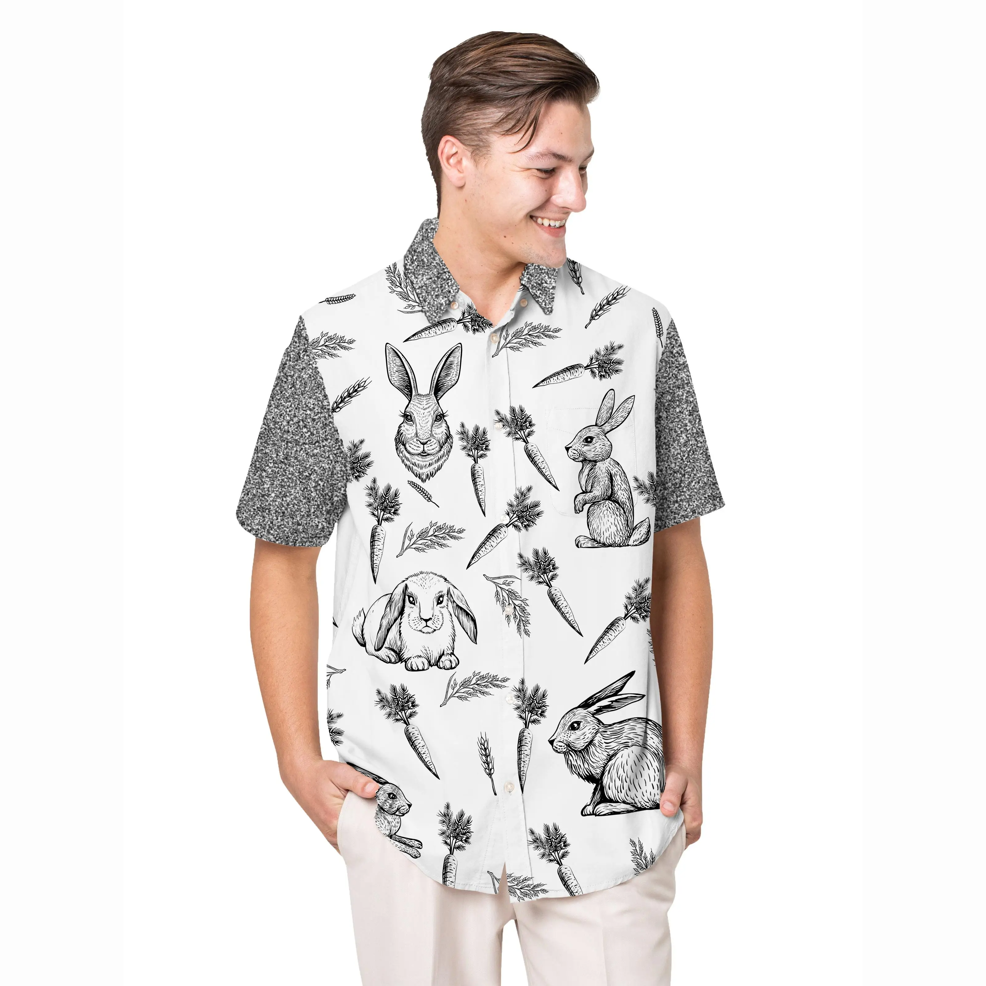 Jumeast Cute Bunny Pattern Short Sleeve Hawaiian Shirt Tropical Farm Life Polyester Aloha Shirts Baggy Casual Man Clothing