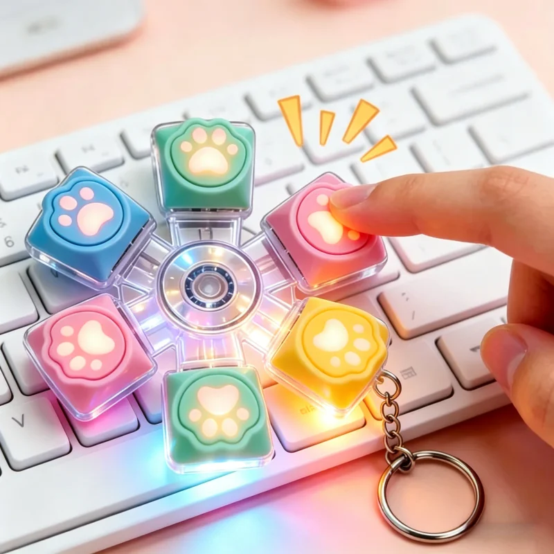 Chaveiro Giratório LED em Formato de Pata de Gato, Brinquedo Anti-stress para Teclado Mecânico, Chaveiro Fofo e Macio, Presente para Alívio da Ansiedade em Casa