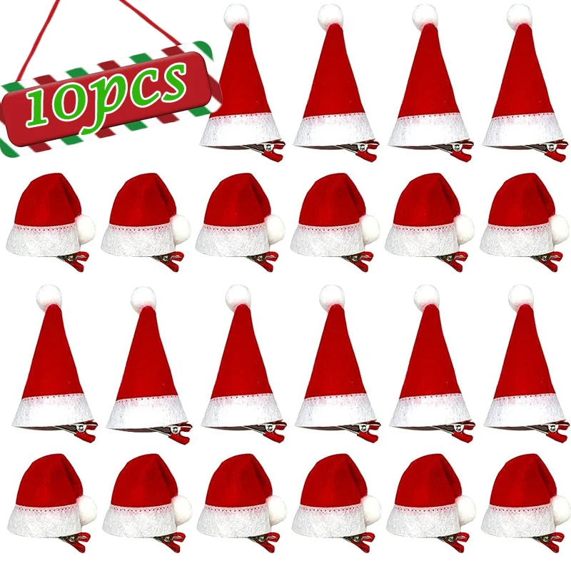 10Pcs Christmas Hair Clips Santa Hat Hair Grips Barrettes Hairpins with Christmas Hat Red Party Hair Accessories for Children