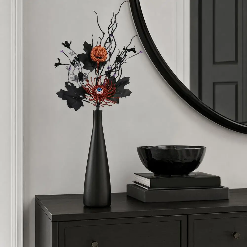 Matte Black Maple Leaves Branch Halloween Artificial Branch Stem with Glitter Black Twigs Pumpkin Eyeball Decorations for Floral