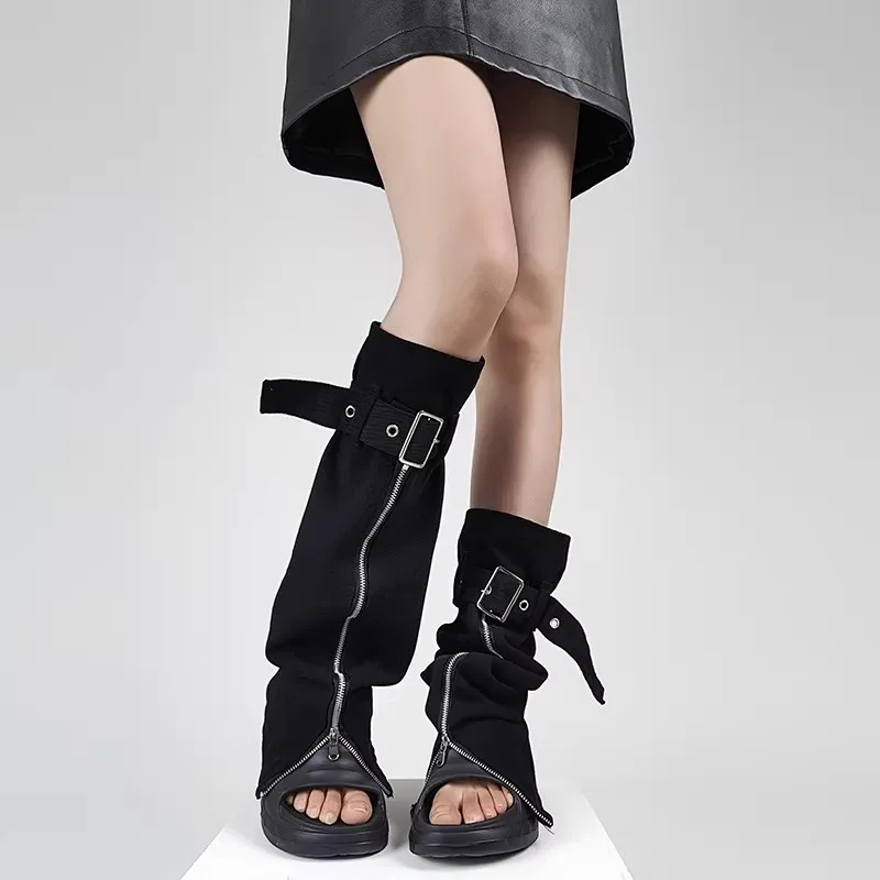 Y2K Hot Girl Denim Leg Warmers, Zipper Adjustable Buckle Design, Black Punk Techwear Slim‑Fit Leg Sleeves R3243