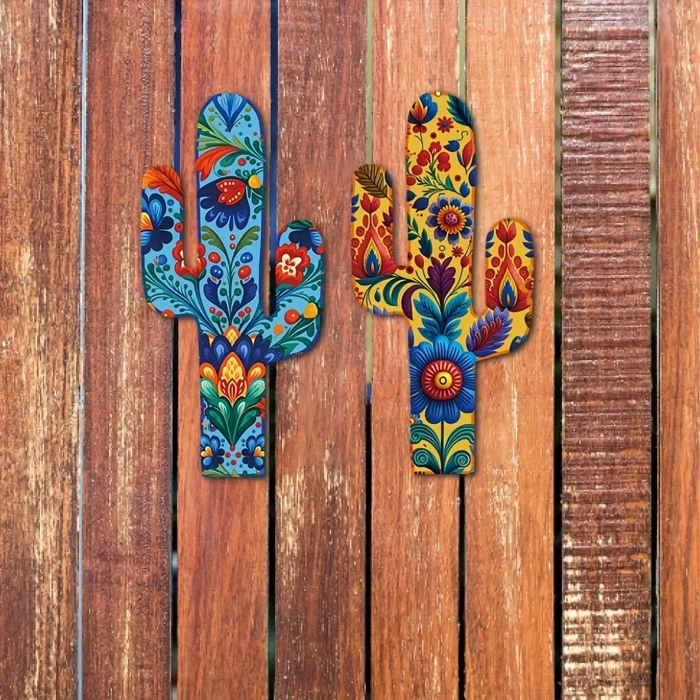 1pc, Mexican Style Cactus Shaped Wooden Signs, Mexican Tiles Pattern Plate Decoration Wall Art Painting Decor for Living Room