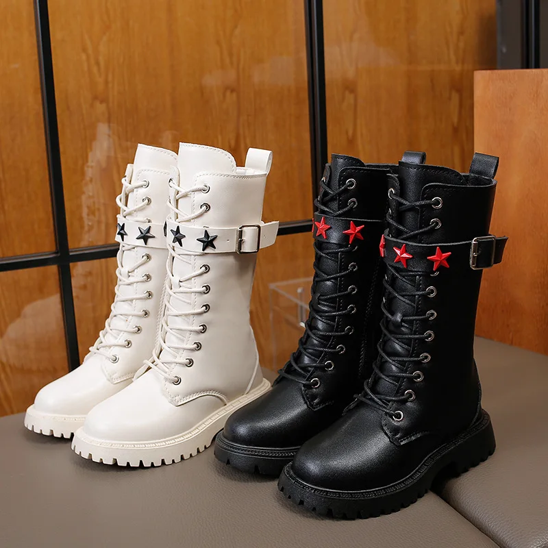 Kids'Boots Solid Color PU Leather Star Buckle Fashion Autumn Shoes For Children Anti-slip Warm Black White Shoes Size 27-37