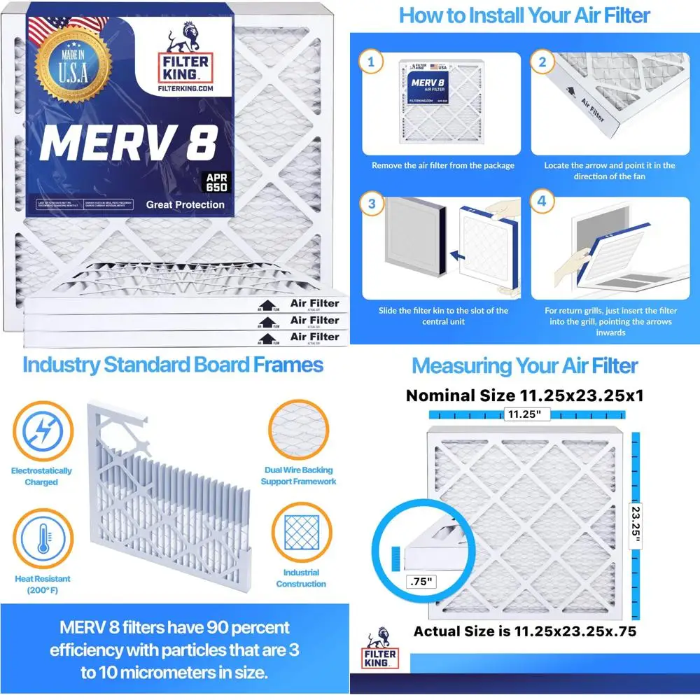 مرشحات الهواء المطوية HVAC 11.25x23.25 6-Pack MERV 8 مرشحات فرن A/C المصنوعة في الولايات المتحدة الأمريكية الحجم الفعلي 11.25 × 23.25