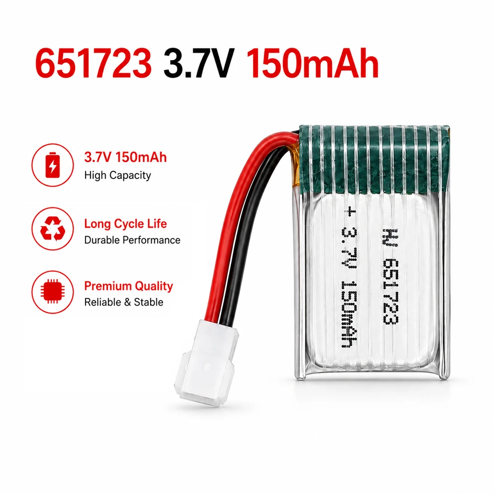 3.7V 651723 150mAh Lithium Polymer Battery 20C XH2.54 Plug - Remote Control Battery for Aircraft and Drones (Replacement Power)