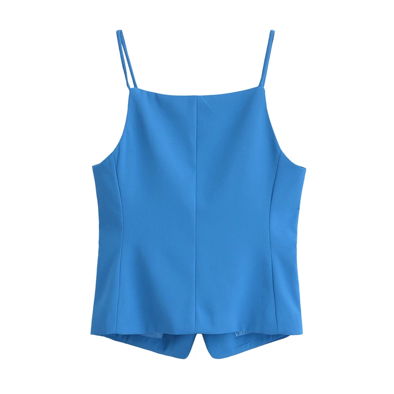 KEYANKETIAN 2024 New Women's Spaghetti Strap Vest Single Breasted Double Pockets Slim Solid color Camisole Sleeveless Crop Tops