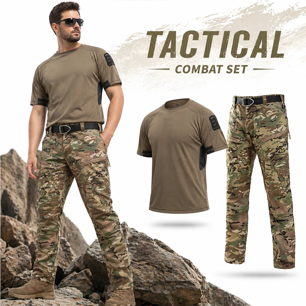 

Men's Tactical Combat Suit Breathable Quick-Dry T-Shirt Cargo Pants Durable Training Uniform for Shooting Hunting Range Use