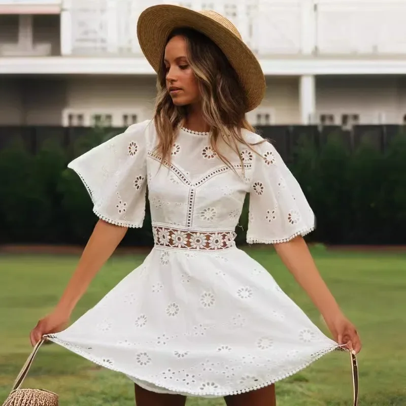 Women Casual High Fashion Backless Short Dresses High Waist Autumn Dress Aproms Elegant White Floral Embroidery Cotton Dress