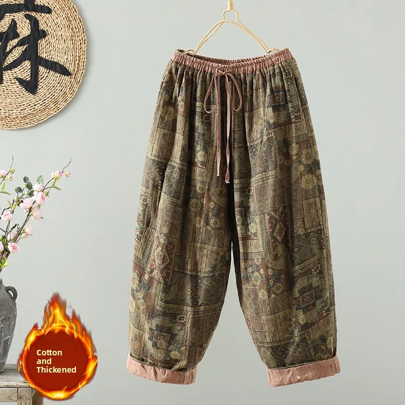 جديد خمر Waed القطن الكتان بنطال ذو قصة أرجل واسعة مرونة الخصر الدافئة السراويل الطويلة سراويل قطنية مرونة الخصر المطبوعة بنطلون