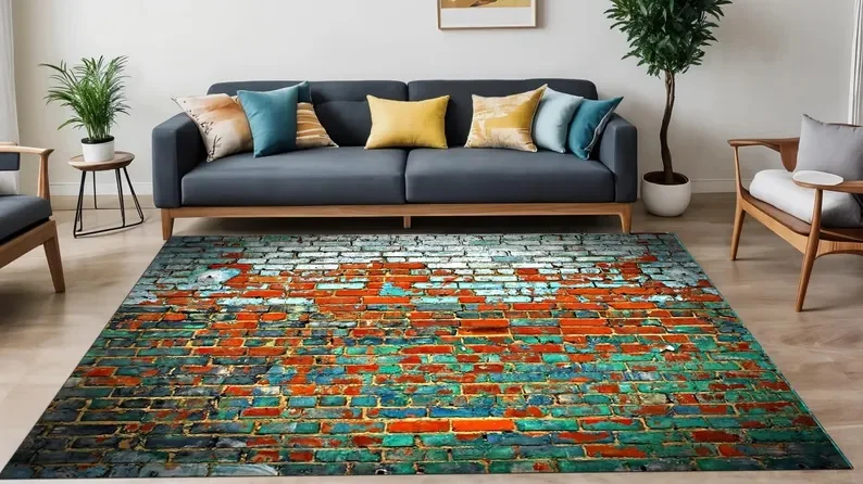 Worn-out Walls Carpeted Red Wall and Red Brick Patterned Door Mat Entrance Kitchen Bedroom Bedside Sofa Rug Home Decoration
