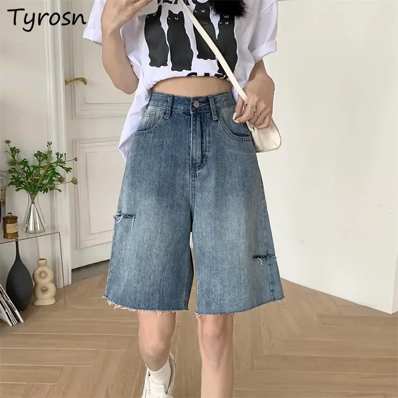 Denim shorts damesmode hoge taille eenvoudig effen ontwerp recht vrije tijd zomer gat all-match hotsweet dagelijks elegant doe oud