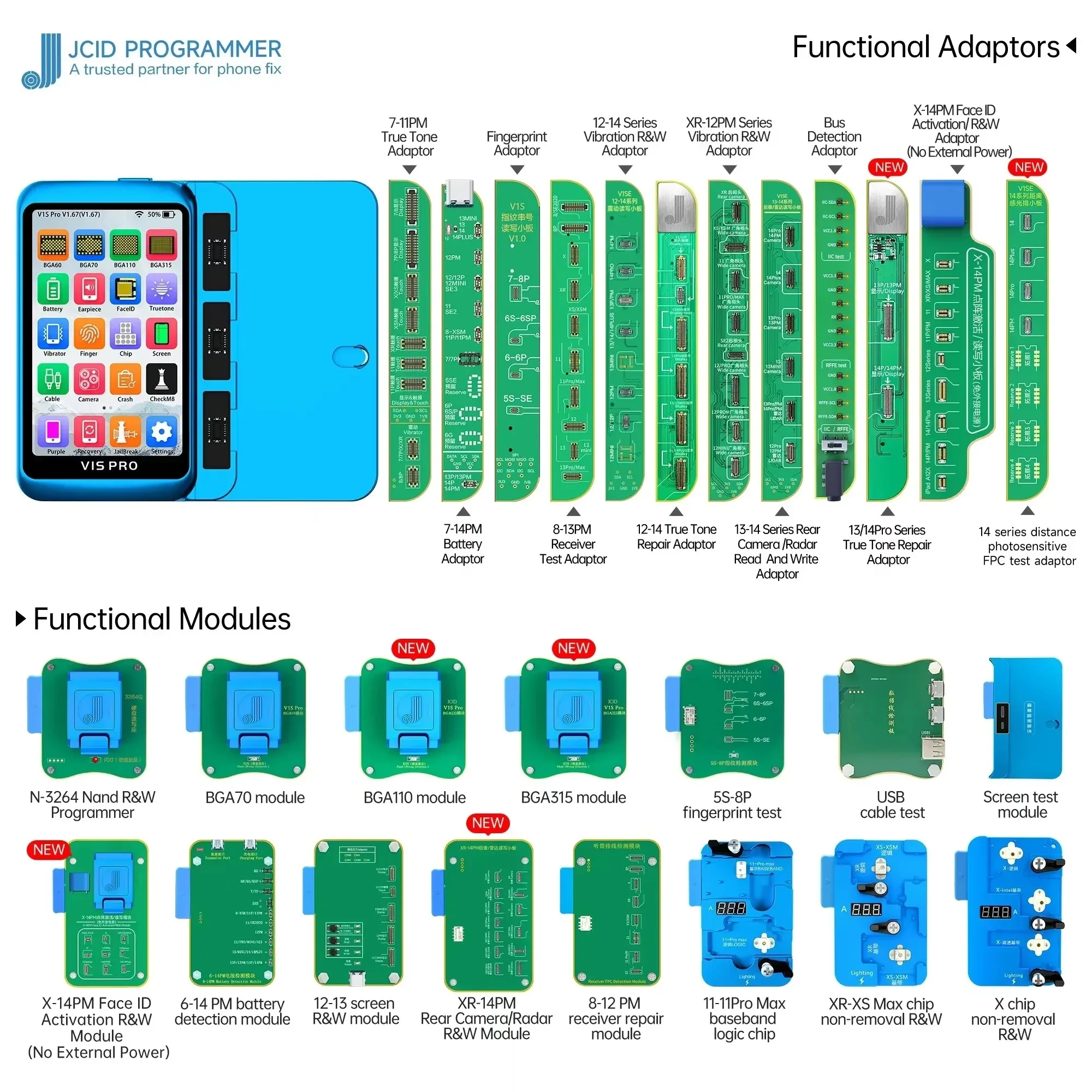 مبرمج JCID V1S PRO V1SE مع BGA110 BGA70 لهاتف IPhone 6-14 ProMax Nand Flash قراءة تنسيق الشاشة أدوات إصلاح النغمة الحقيقية