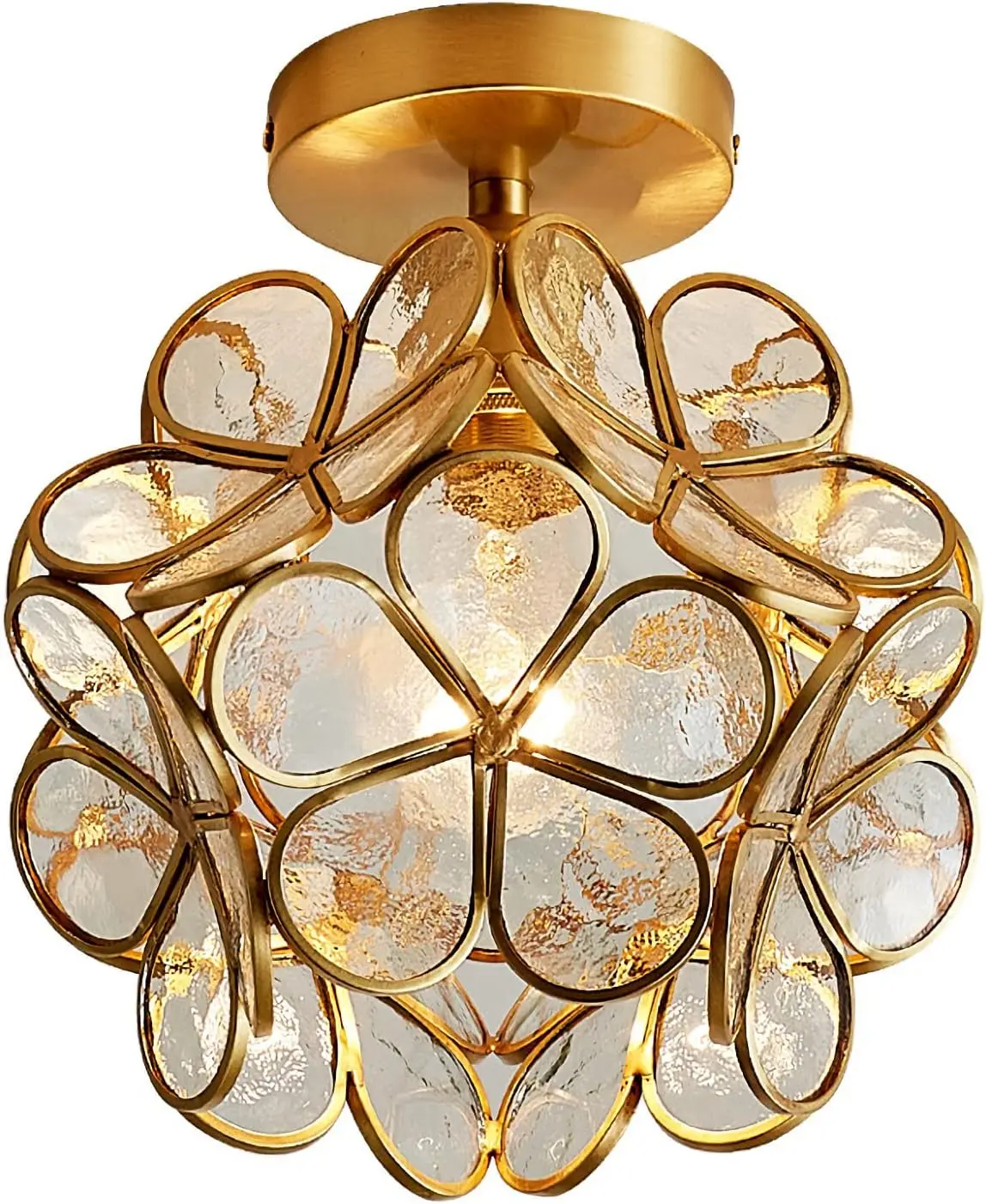 Gold Flower Shape Ceiling Lamp Modern Crystal Chandelier Farmhouse Petal shape with Water textured glass lampshade Close