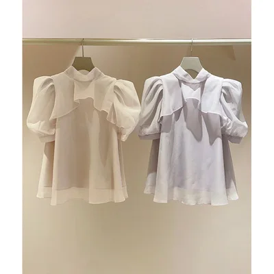 

Sweet Japanese Style Bubble Sleeve Stand Collar Knot Tied Chiffon Top Women's Fashion Spring New Arrival Shirt