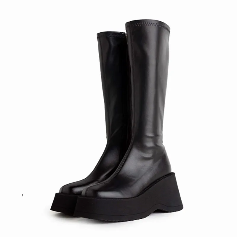 

Black Genuine Leather Stretch Riding Boots Women Wedge Chunky Heel Platform Boots Elegant Side Zip Knee-High Boots for Women