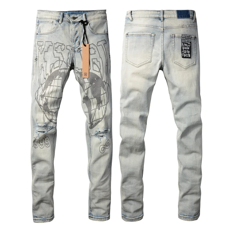 High Street Trend New KSUBI Cross Jeans Vintage Wash Water Do Old Letter 1999 Pattern Print Ripped Jeans Pencil Denim Trousers