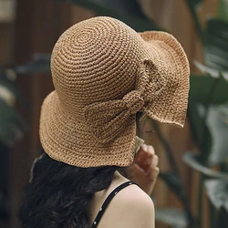 Bow Slit Straw Hat for Women Wide Brim Soft Raffia Bowknot Sun Protection Hats Summer Shade Panama Beach Hat Foldable Bucket Cap