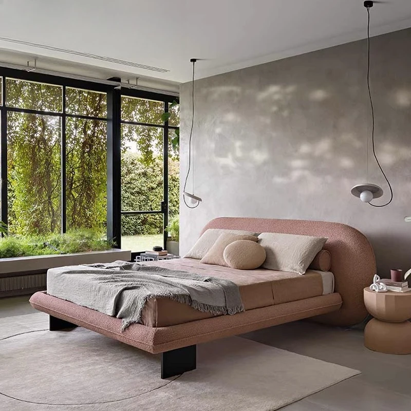 Macaron bed master bedroom high-end atmosphere wabi-sabi double bed modern simple big white bed Italian minimalist fabric bed