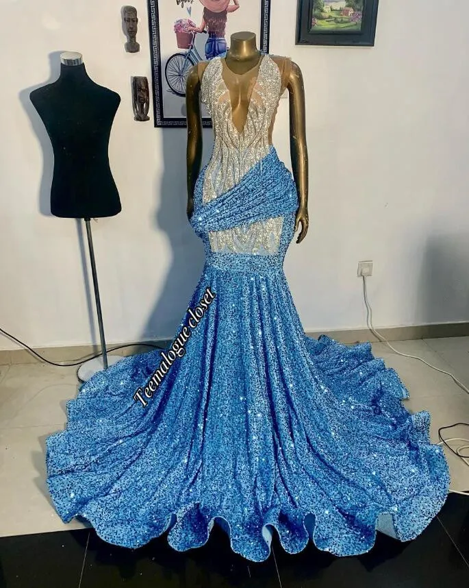 

Sky Blue Velvet African Prom Dresses for Women Sparkly Diamond Crystal Black Girl Evening Ceremony Gown vestido gala 2024