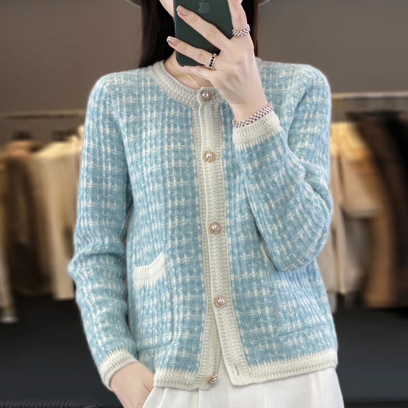 100%Merino Wool Chic Cardigan Women Autumn Winter Shiny O-Neck SIngle-Button Sweater Korea Fashion Plaid Knitted Jacket Female