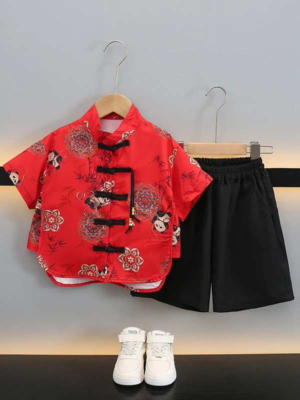 

Boys' Summer Panda Print irt Set Cotton ort Sve Five-Piece Pants Traditional Chinese Clothing Baby Boy Outfit