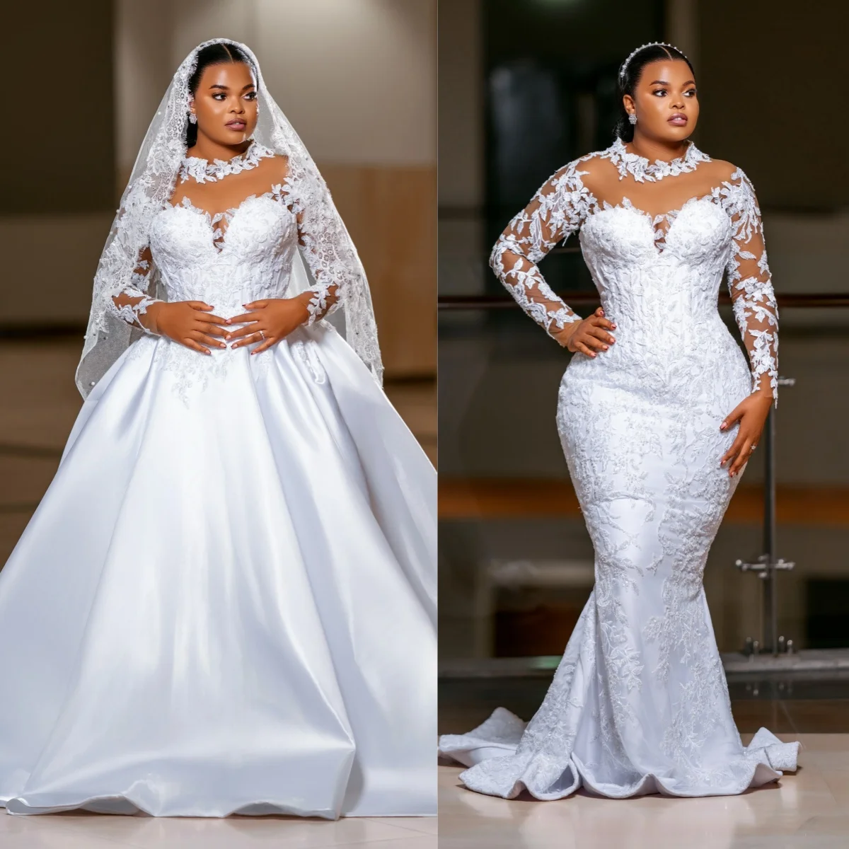 White Wedding Dress with Sweetheart Collar Embroidered Long Lace Sleeves Satin Mermaid A-line Wedding Ball Dress Customization