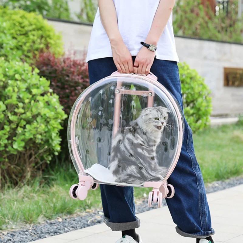 Pet Cat Stroller Small Dog Handbag Transparent Trolley Case Rolling Luggage Carrier Puppy Travel Bag Dog Transporter Carrier