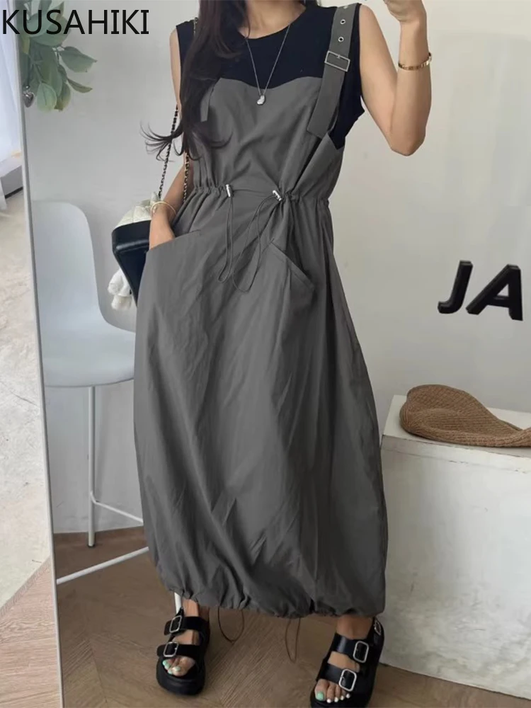 Kusahiki koreanischen Chic Retro Nische quadratischen Hals Kordel zug Design Taille abnehmen Safari-Stil Weste Leibchen Kleid für Frauen