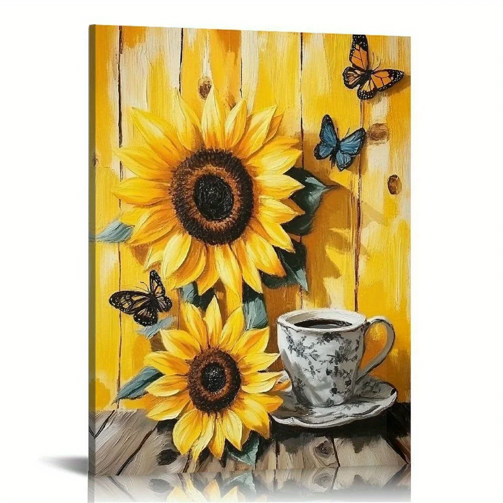 Pintura artística de girasol floreciente, marco de madera decorativo Floral cálido y esperante, energía positiva, marco de lienzo para espacio del hogar, 1 ud.